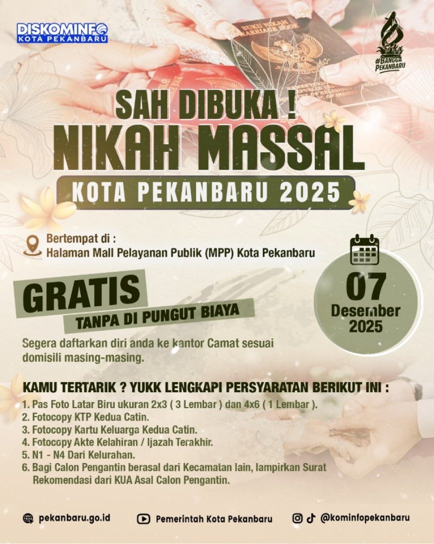 Per 2 November Sebanyak 43 Calon Pasutri Terdaftar Pada Program Nikah Massal Gratis Pemko Pekanbaru 